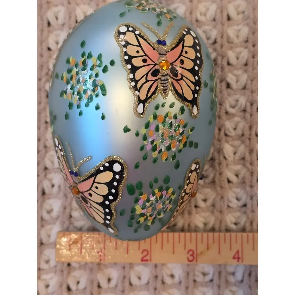 VTG Joan Rivers Blown Glass Monarch Butterfly Hand-Painted Blue Floral Ornament
